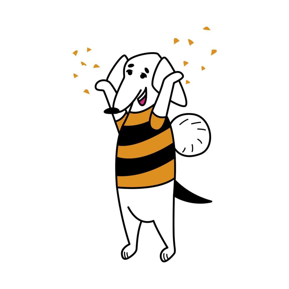 komisch Karikatur Comic Dackel. Haustier im Biene Kostüm. Weiß Hund steht auf es ist Hinter Beine und wirft Konfetti in das Luft. cool drucken zum Kinder- Kleidung, Zubehör. Charakter zum Aufkleber, Animation vektor