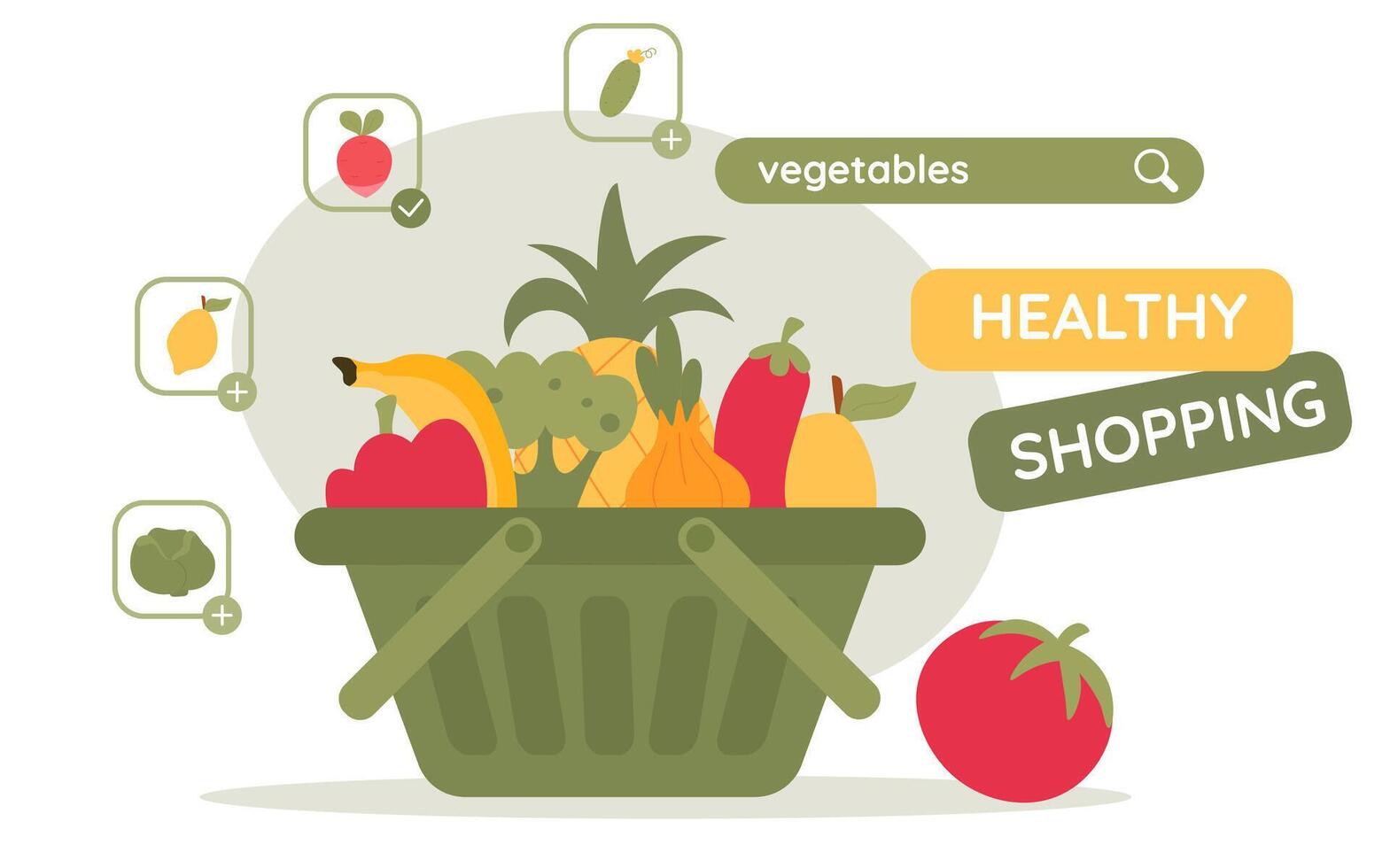 gesund Essen Korb. online Einkaufen Konzept. hinzufügen Gemüse zu Ihre Tag vektor
