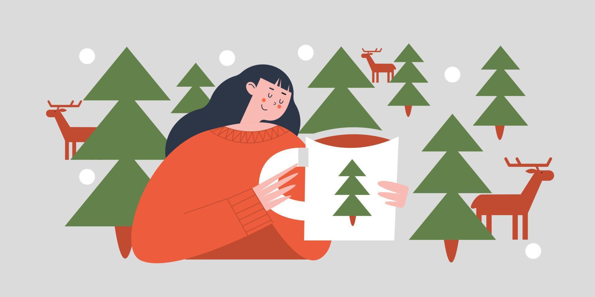 en trevlig tjej med en mugg te. vektor jul illustration.