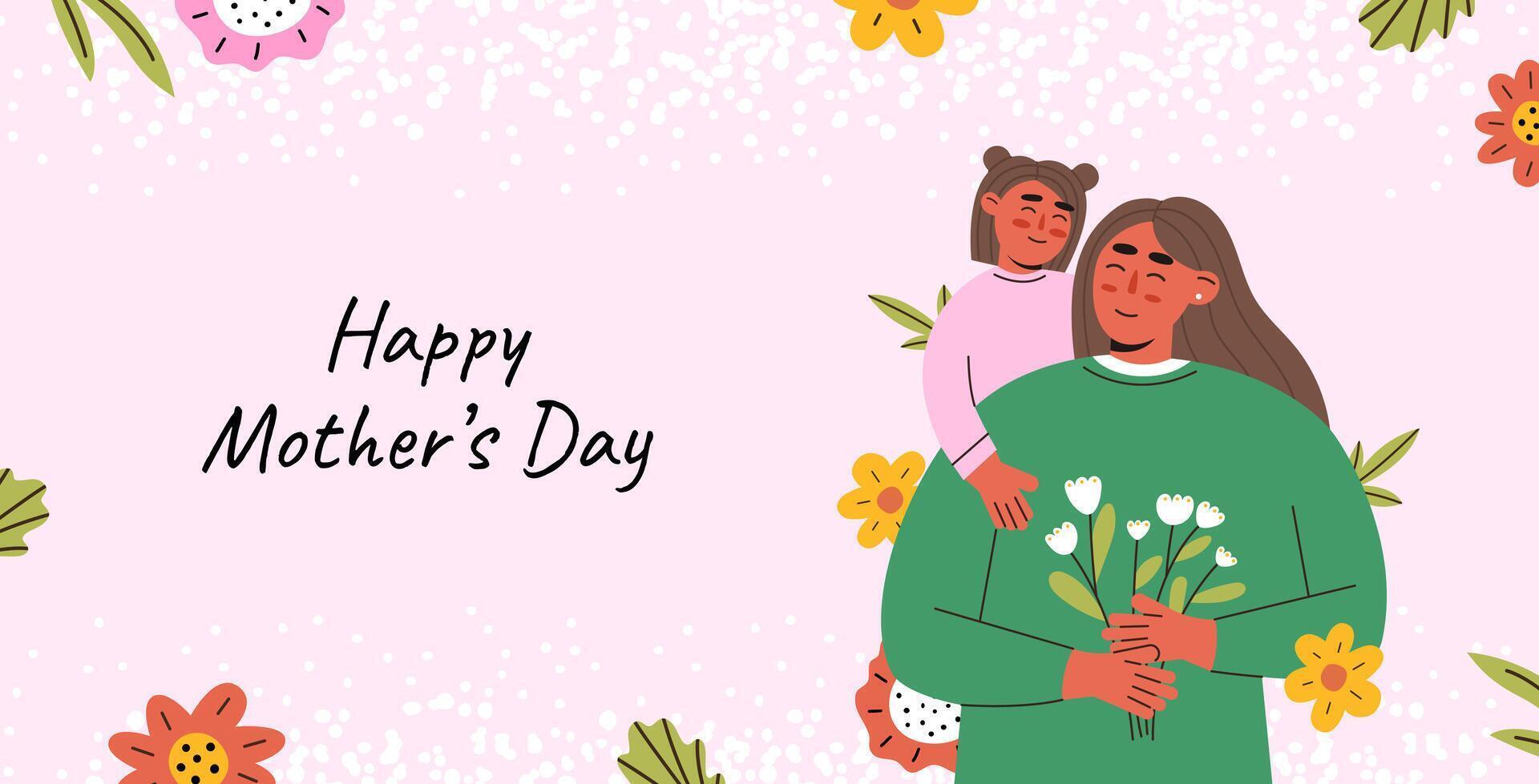 Lycklig mödrar dag baner. mamma och dotter i omgiven förbi skön blommor. vektor