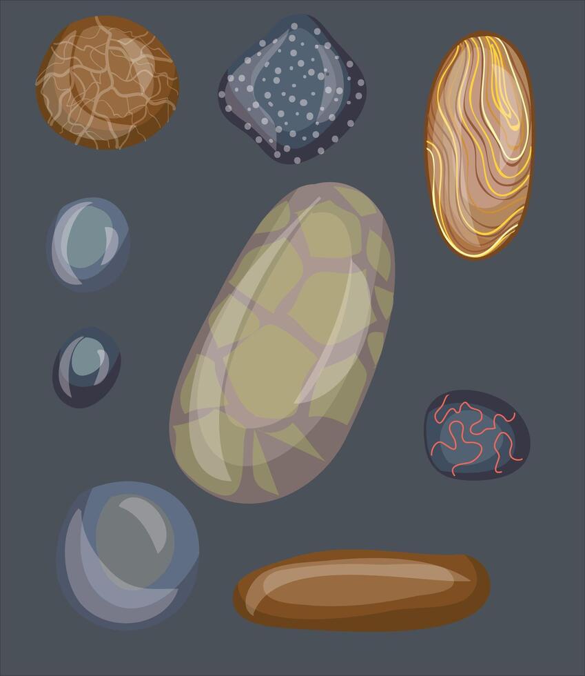uppsättning av hav strand stenar eller slät stenar av olika färger och former, isolerat 3d hav eller flod strand småsten. realistisk ikon. vektor