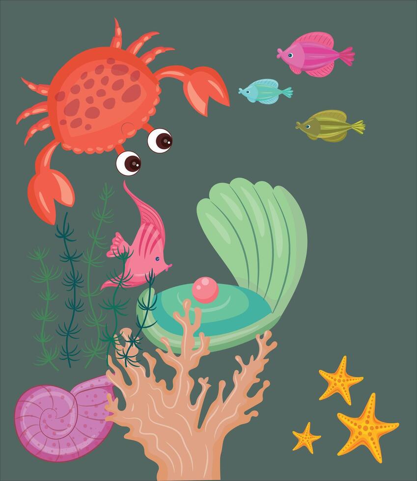 Karikatur Meer Tier. Meer Fisch, Seestern, Schaltier, Schnecken, Meer Krabben und verschiedene Pflanzen. unter Wasser Tierwelt Kreaturen Abbildungen einstellen vektor