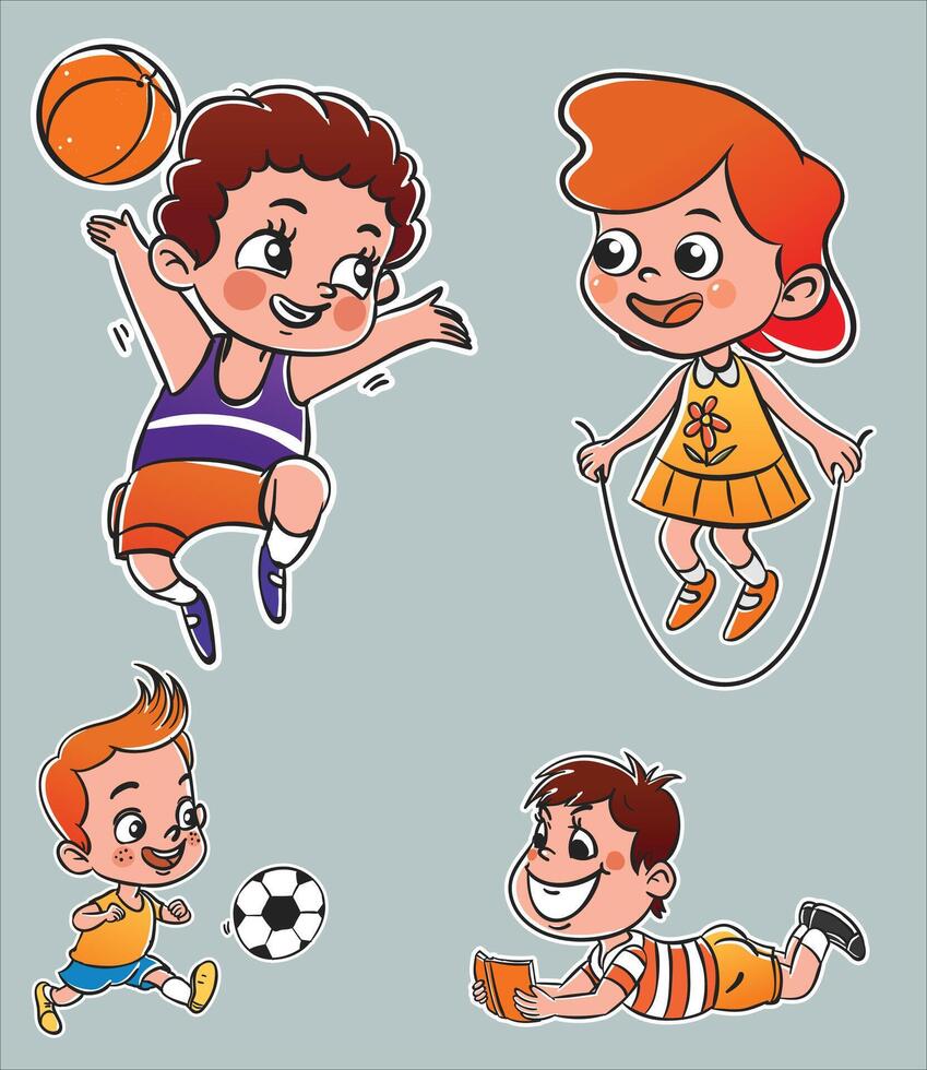 glücklich Kinder spielen Sport, tun physisch Übung. Fußball, springen Seil, Basketball und Lektüre. ein aktiv und gesund Kindheit. eben Karikatur vektor