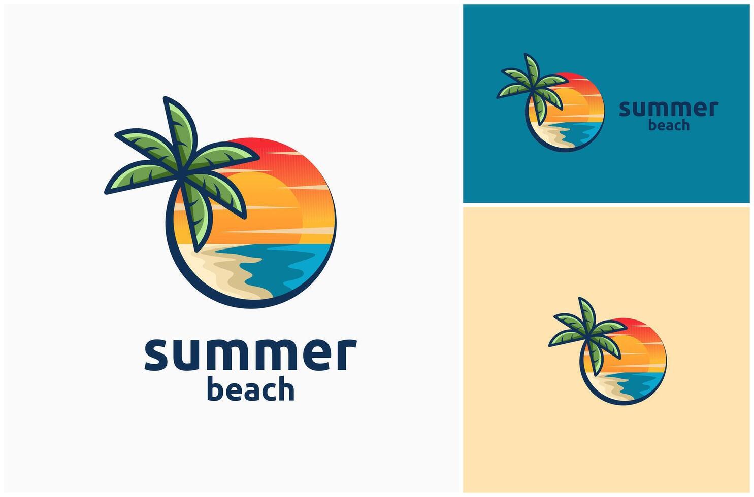 ö sand kust strand hav vatten Vinka handflatan träd Sol landskap logotyp design illustration vektor