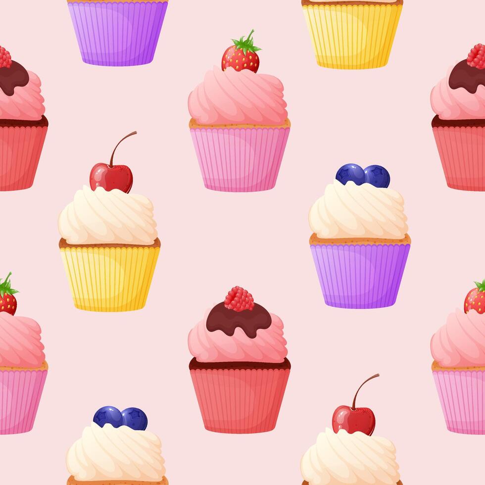 sömlös mönster med cupcakes. bageri affär skriva ut, bakgrund med sötsaker vektor