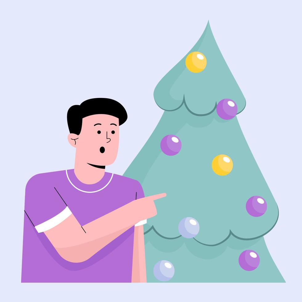 glücklicher Mann mit grünem Weihnachtsbaum vektor