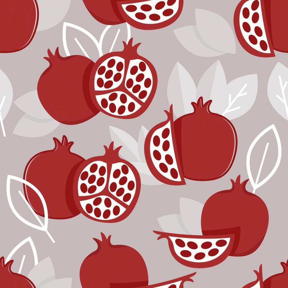 nahtlos Muster von eben Granatapfel Früchte und Blätter auf ein grau Hintergrund vektor