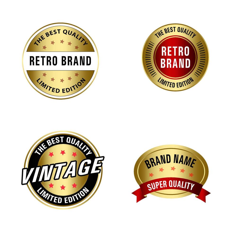 einstellen von Qualität Abzeichen und Etiketten Design Elemente. golden Abzeichen Etiketten und Lorbeer retro Jahrgang Sammlung. Emblem Prämie Luxus Logo im retro Stil Vorlage Abzeichen Sammlung. vektor