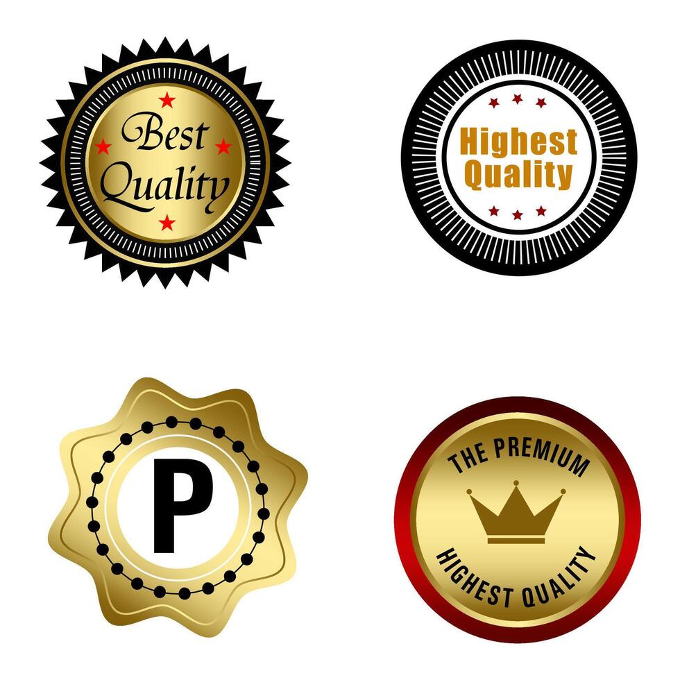 einstellen von Qualität Abzeichen und Etiketten Design Elemente. golden Abzeichen Etiketten und Lorbeer retro Jahrgang Sammlung. Emblem Prämie Luxus Logo im retro Stil Vorlage Abzeichen Sammlung. vektor