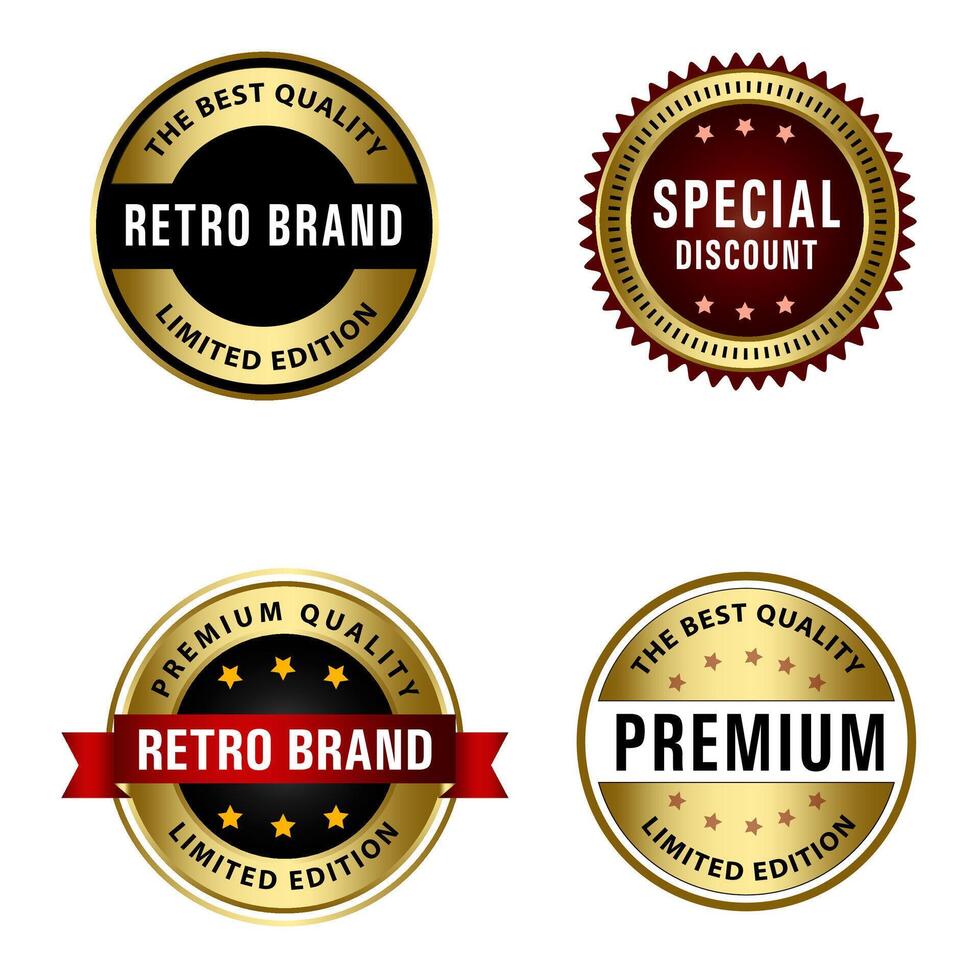 einstellen von Qualität Abzeichen und Etiketten Design Elemente. golden Abzeichen Etiketten und Lorbeer retro Jahrgang Sammlung. Emblem Prämie Luxus Logo im retro Stil Vorlage Abzeichen Sammlung. vektor