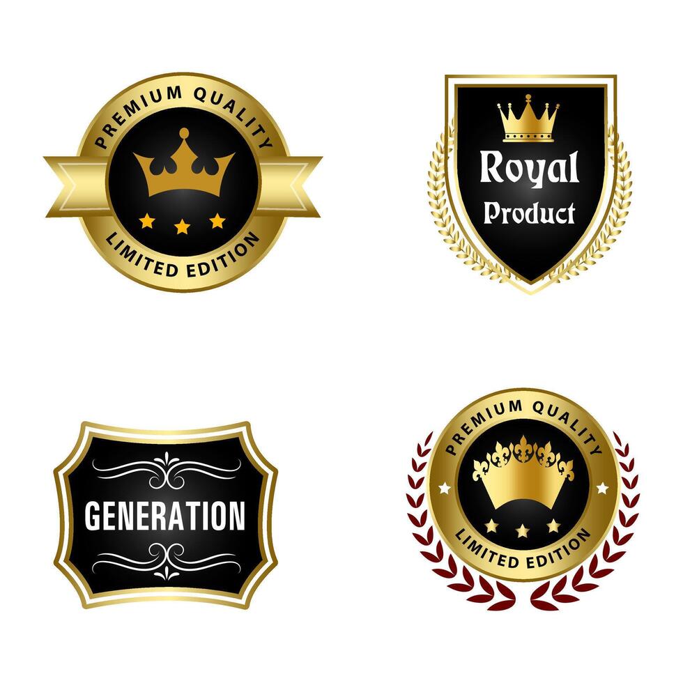 einstellen von Qualität Abzeichen und Etiketten Design Elemente. golden Abzeichen Etiketten und Lorbeer retro Jahrgang Sammlung. Emblem Prämie Luxus Logo im retro Stil Vorlage Abzeichen Sammlung. vektor