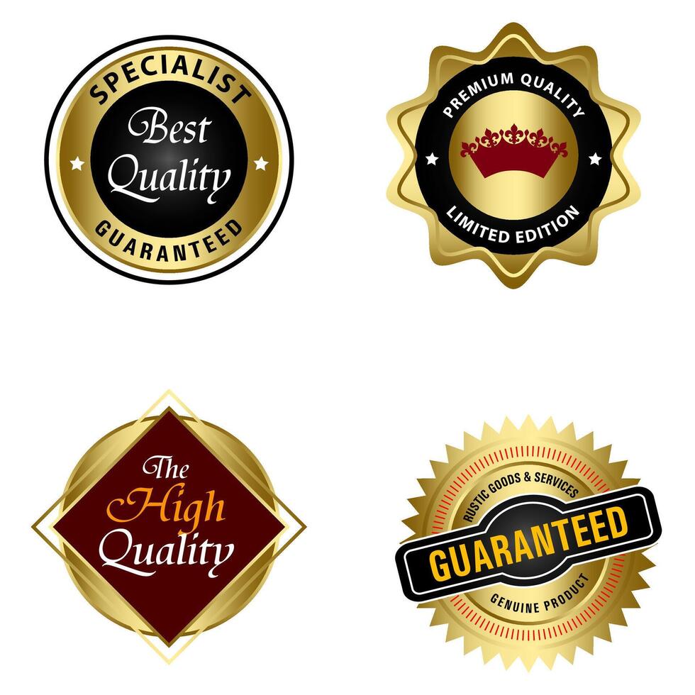 einstellen von Qualität Abzeichen und Etiketten Design Elemente. golden Abzeichen Etiketten und Lorbeer retro Jahrgang Sammlung. Emblem Prämie Luxus Logo im retro Stil Vorlage Abzeichen Sammlung. vektor