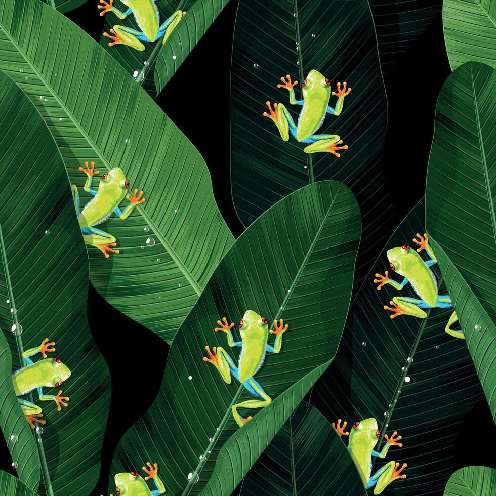 sömlös mönster med tropisk grodor och handflatan löv vektor