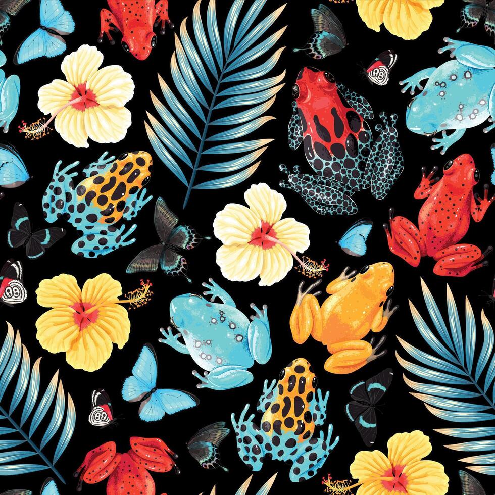 nahtlos Muster mit tropisch Blumen und Frösche auf schwarz Hintergrund vektor