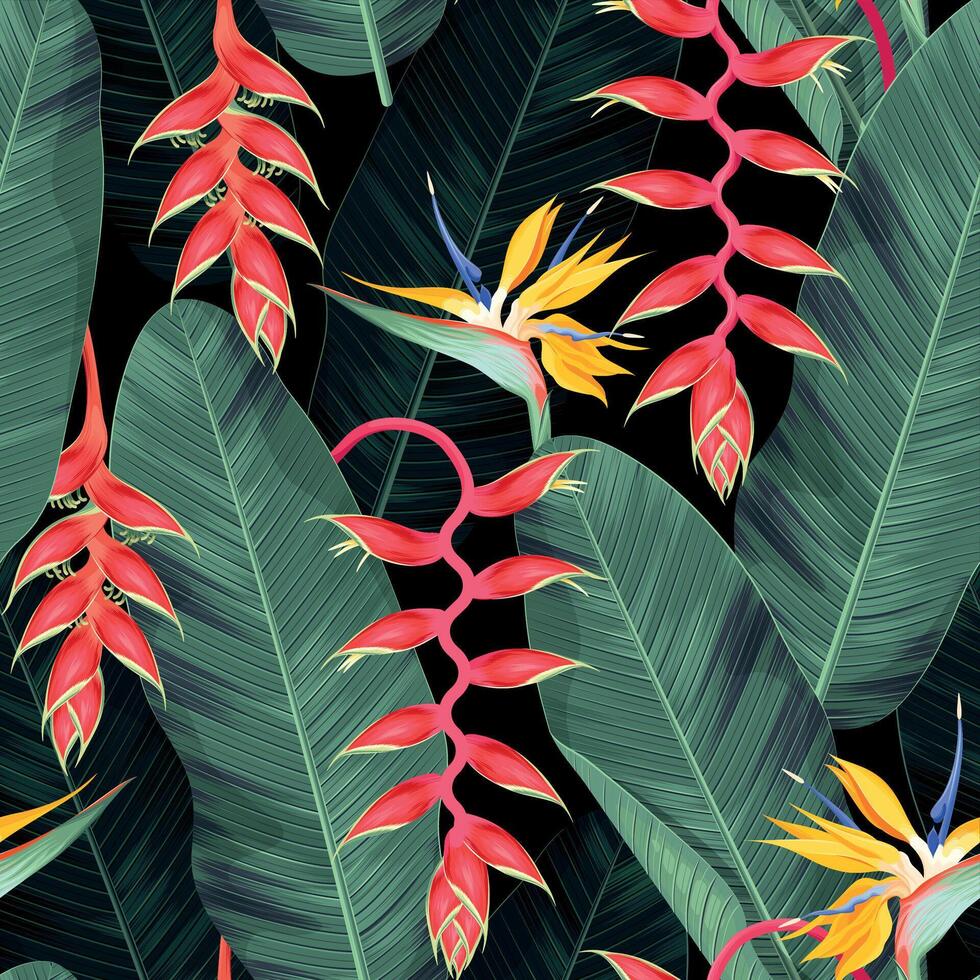 sömlös mönster med röd och gul tropisk blommor och handflatan löv vektor