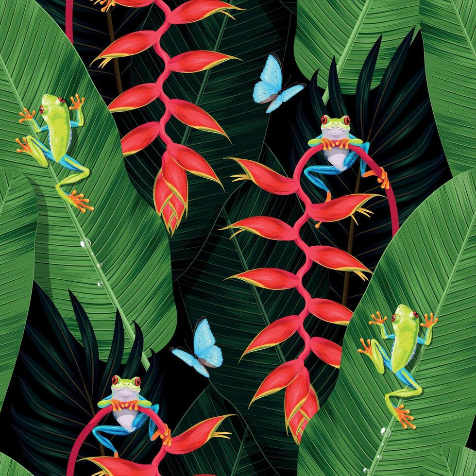 nahtlos Muster mit Baum Frosch und tropisch Blumen auf schwarz Hintergrund vektor