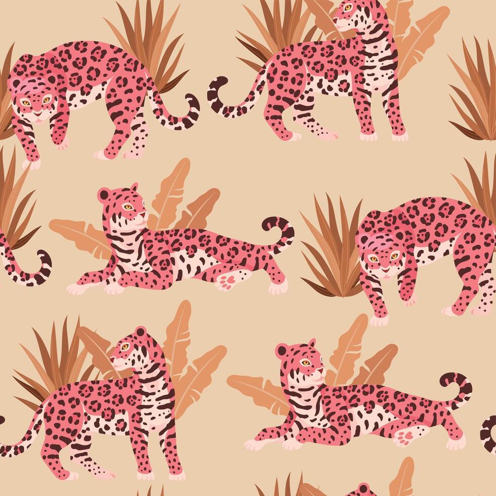 sömlös mönster med söt rosa jaguar och gyllene handflatan löv vektor