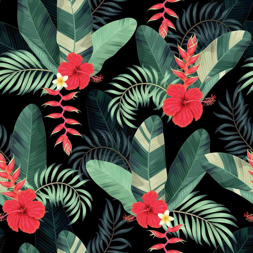 nahtlos Muster mit rot tropisch Blumen und Palme Blätter auf schwarz Hintergrund vektor