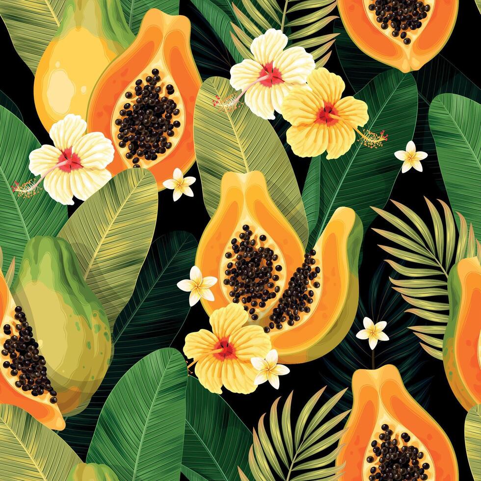 sömlös mönster med papaya och handflatan löv på svart bakgrund vektor