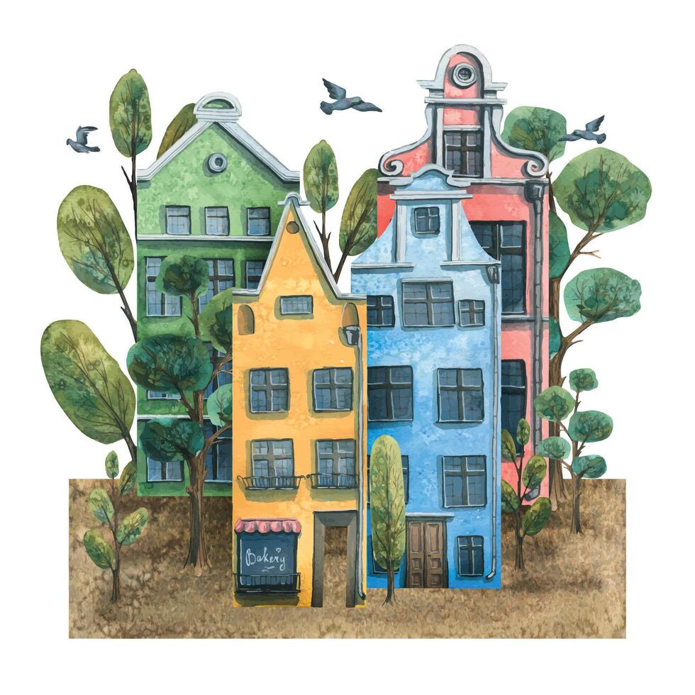 vattenfärg illustration av en sammansättning av söt gammal stad hus. europeisk flerfärgad hus, broar, tecknad serie träd, gata lampa, duvor, moln. för de design av vykort, affischer, banderoller vektor