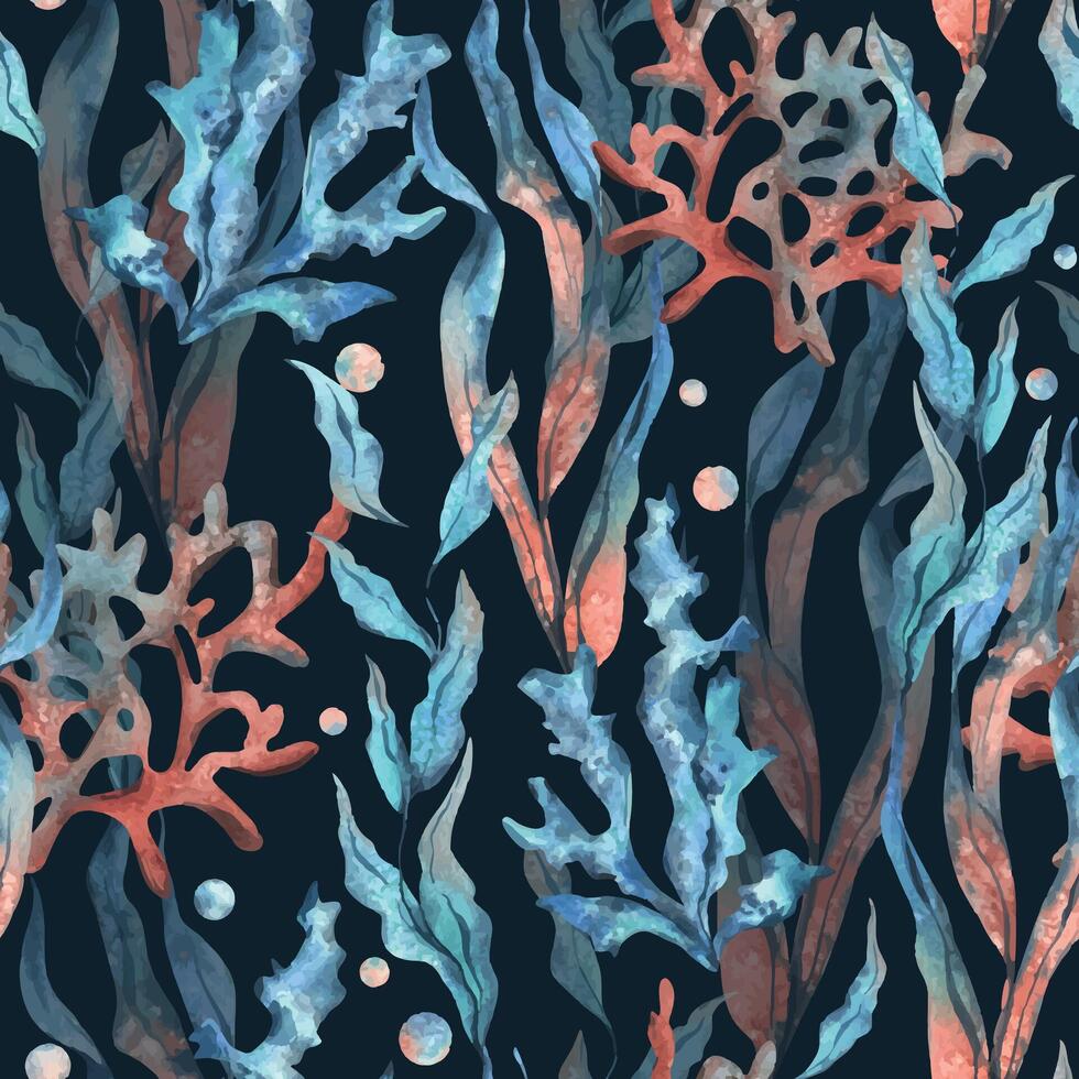 under vattnet värld ClipArt med hav djur, bubblor, korall och alger. hand dragen vattenfärg illustration. sömlös mönster på en mörk blå bakgrund. vektor