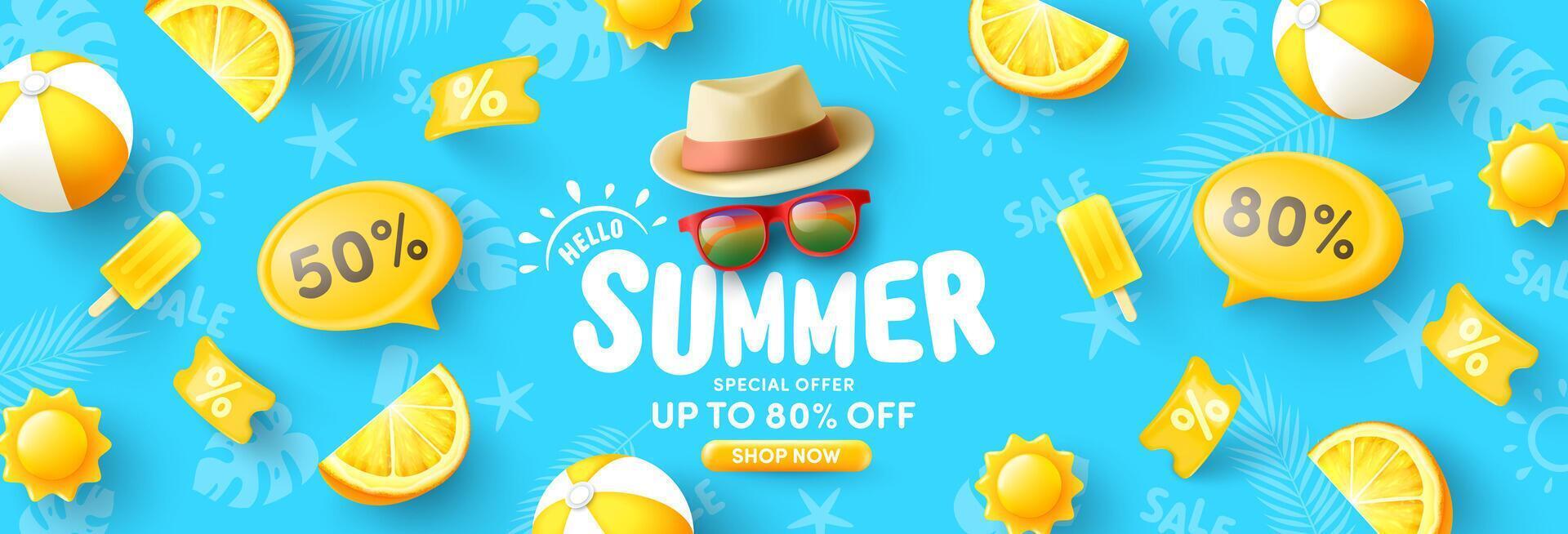 färgrik sommar försäljning baner mall med hatt, solglasögon, strand boll och strand sommar Artikel i Färg gul på blå bakgrundskampanj och handla mall för sommar säsong. vektor