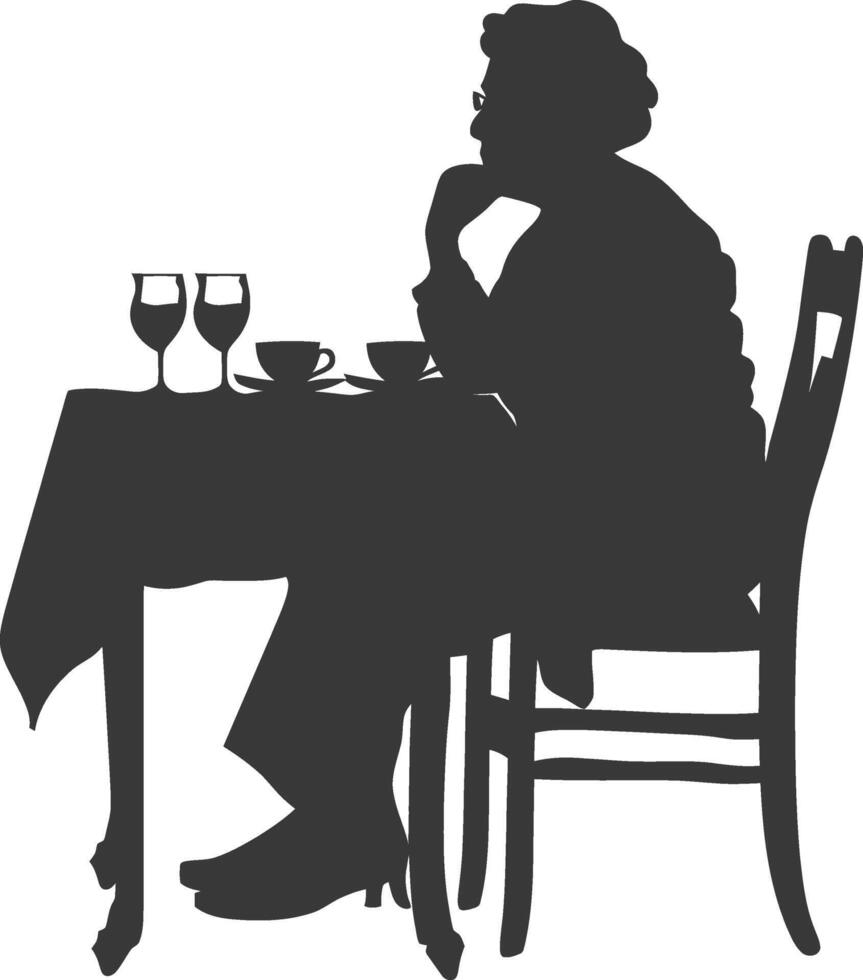 Silhouette Alten Frau Sitzung beim ein Tabelle im das Cafe vektor