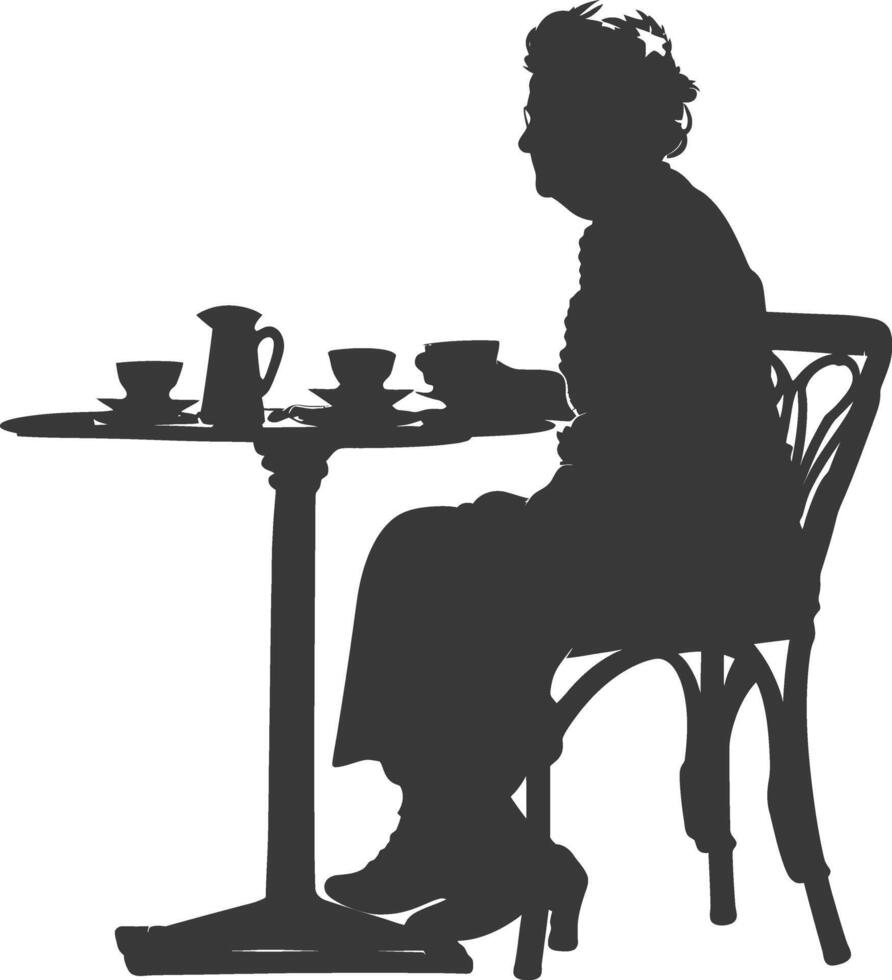 Silhouette Alten Frau Sitzung beim ein Tabelle im das Cafe vektor