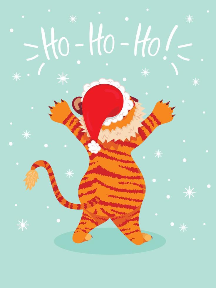Grußkarte mit der Aufschrift sei fröhlich mit einem süßen Tiger, dem Symbol des chinesischen neuen Jahres. flacher Stil. Tiger mit Weihnachtsmütze zwinkert, in eine Girlande gehüllt, verwöhnt vektor