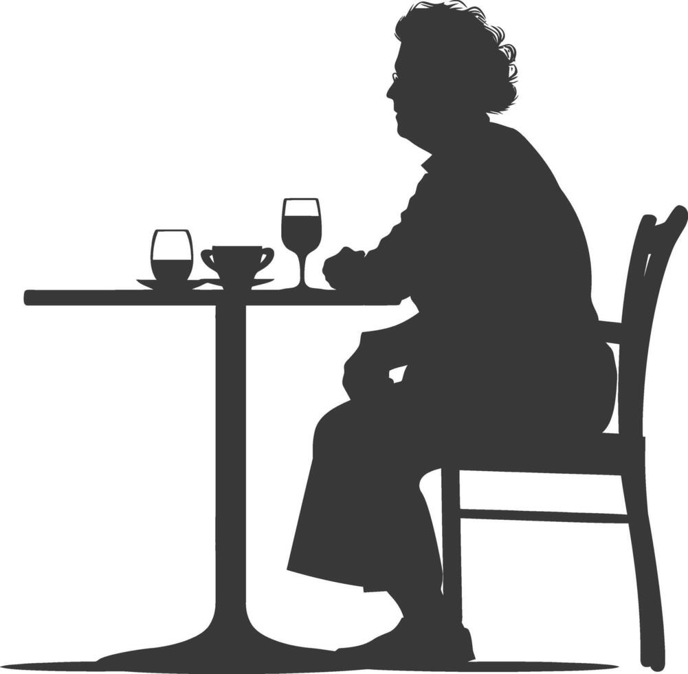 Silhouette Alten Frau Sitzung beim ein Tabelle im das Cafe vektor