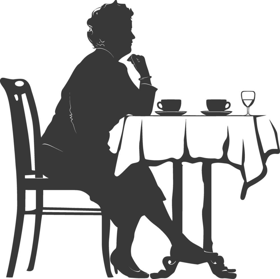 Silhouette Alten Frau Sitzung beim ein Tabelle im das Cafe vektor