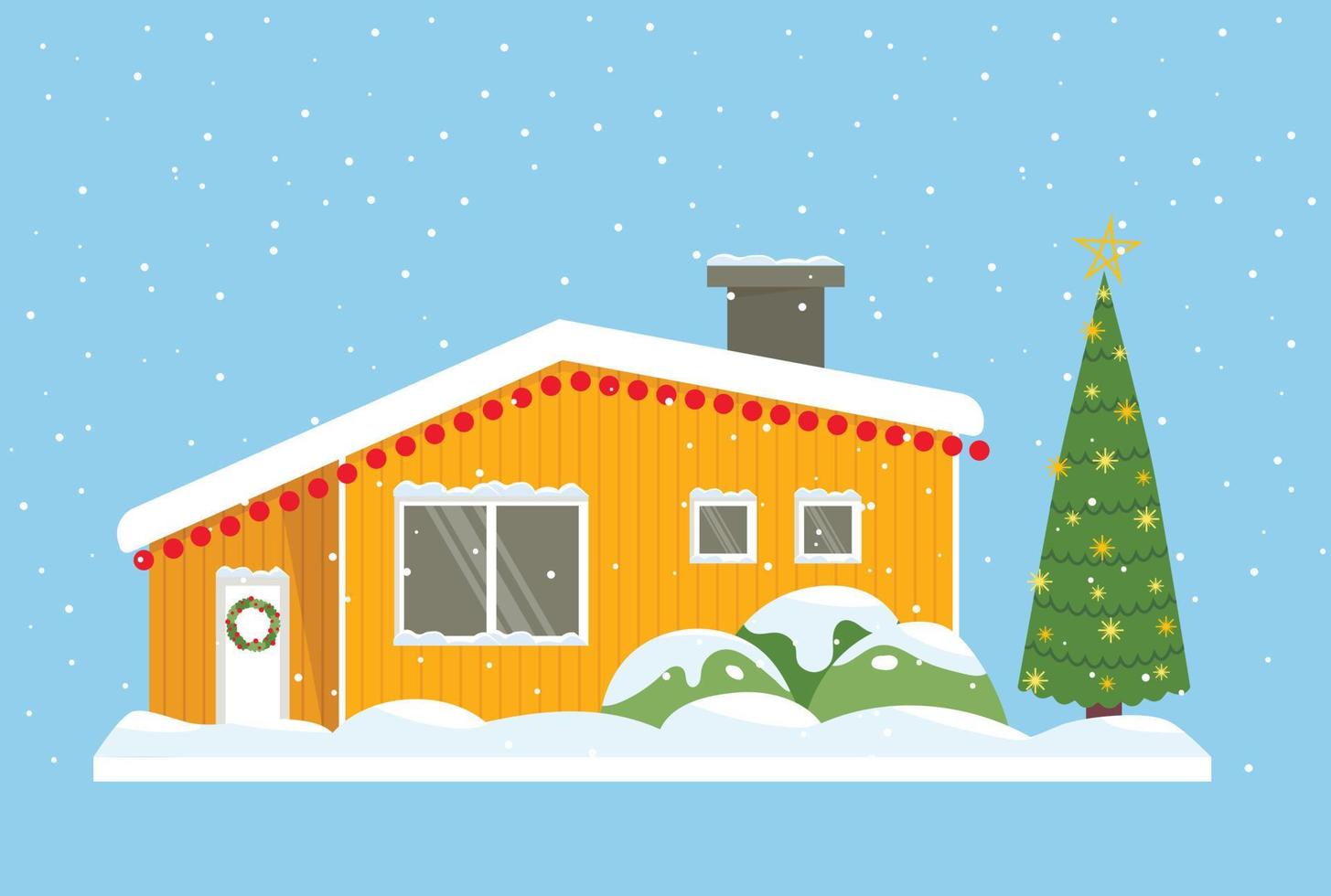 orangefarbenes Haus. Heimat von Grönland, Island, Nordpol, Holland. schneebedecktes Dach und Fenster, Silvester außen. Weihnachtsbaum im Hof vektor