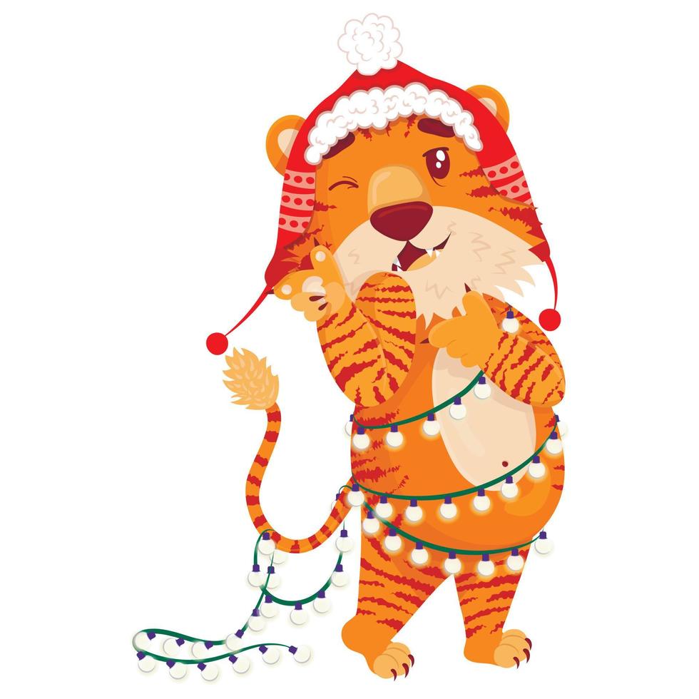 söt tecknad randig röd tiger. en tiger i julhatt och en girland blinkar och flirtar. tryck av barn-t-shirts, kort, affischer. handritad vektor stock illustration isolerade på vitt.