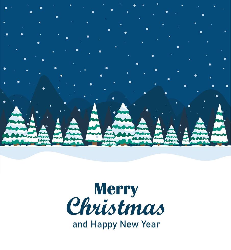 Grußkarte mit der Aufschrift Frohe Weihnachten und guten Rutsch ins neue Jahr und eine Winternachtlandschaft im Wald mit Bergen und verschneiten Weihnachtsbäumen. vektor