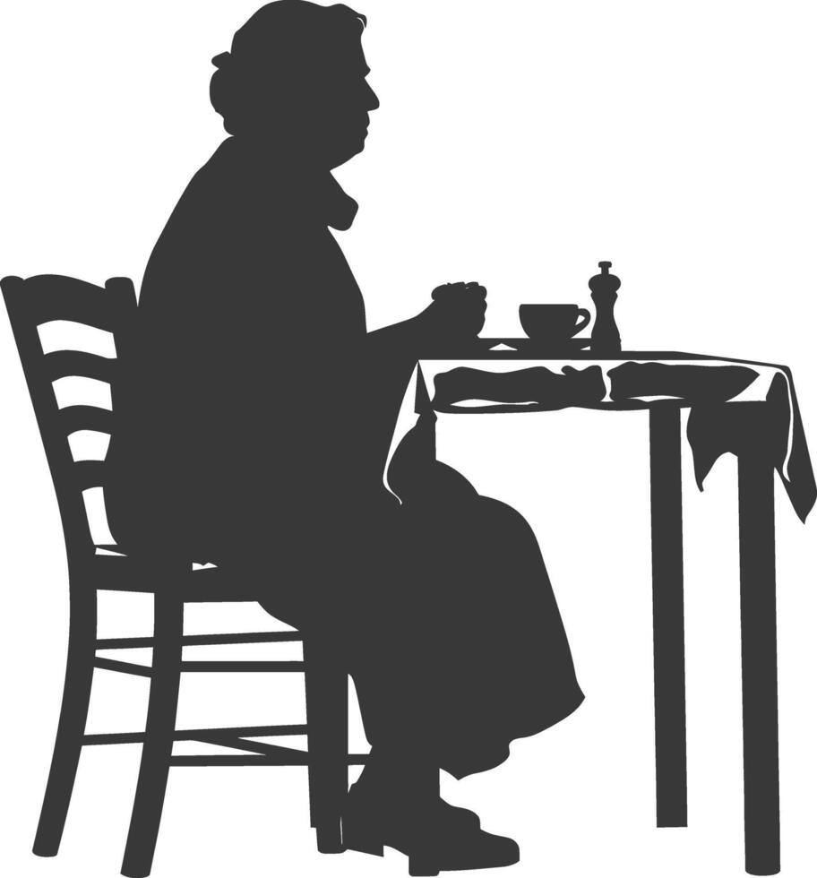 Silhouette Alten Frau Sitzung beim ein Tabelle im das Cafe vektor