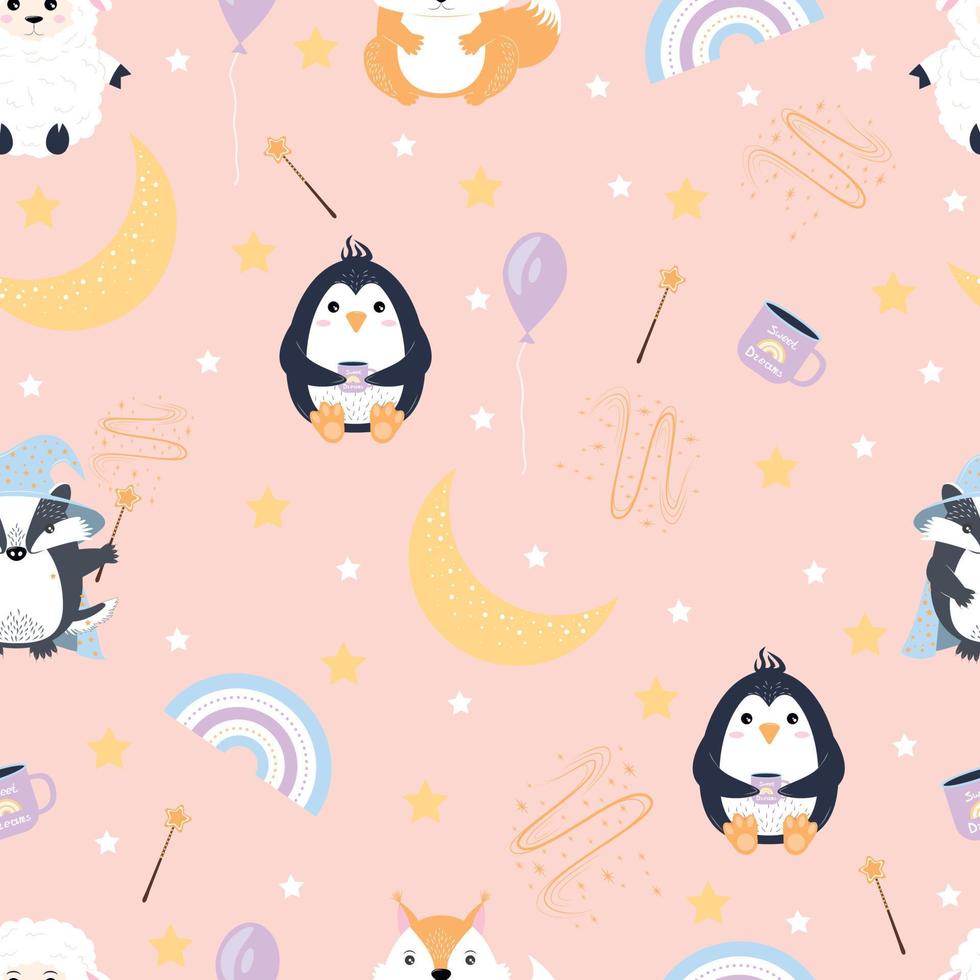 sömlösa mönster vektor söta djur för plantskola. pingvin på ett moln, ekorre på månen, får på en regnbåge, trollkarlsgrävling i tecknad platt stil. pastellfärger, dekor för barnkammaren.
