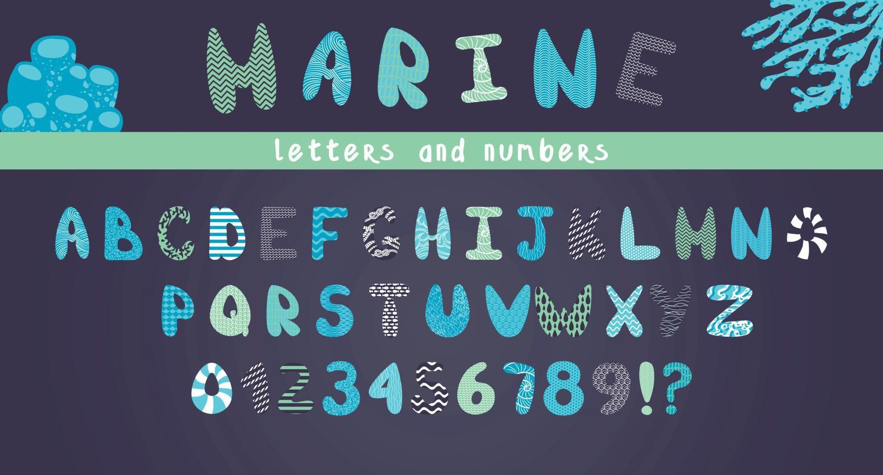 Vektor lustige Comic-Marine-Alphabet und Zahlen auf blauem Hintergrund im Cartoon-Stil. helle moderne Illustrationen für Kinder, Kindergarten, Poster, Postkarte, Geburtstag, Geschenkpapierdesign, Baby-T-Shirts.