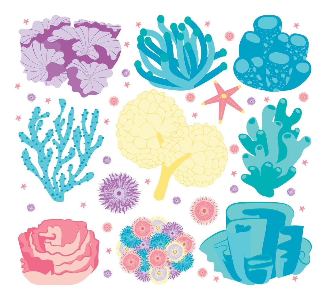 sömlösa mönster med gula, lila, rosa och blå snäckskal på en vit bakgrund med korolfulla prickar. undervattens värld. vektor