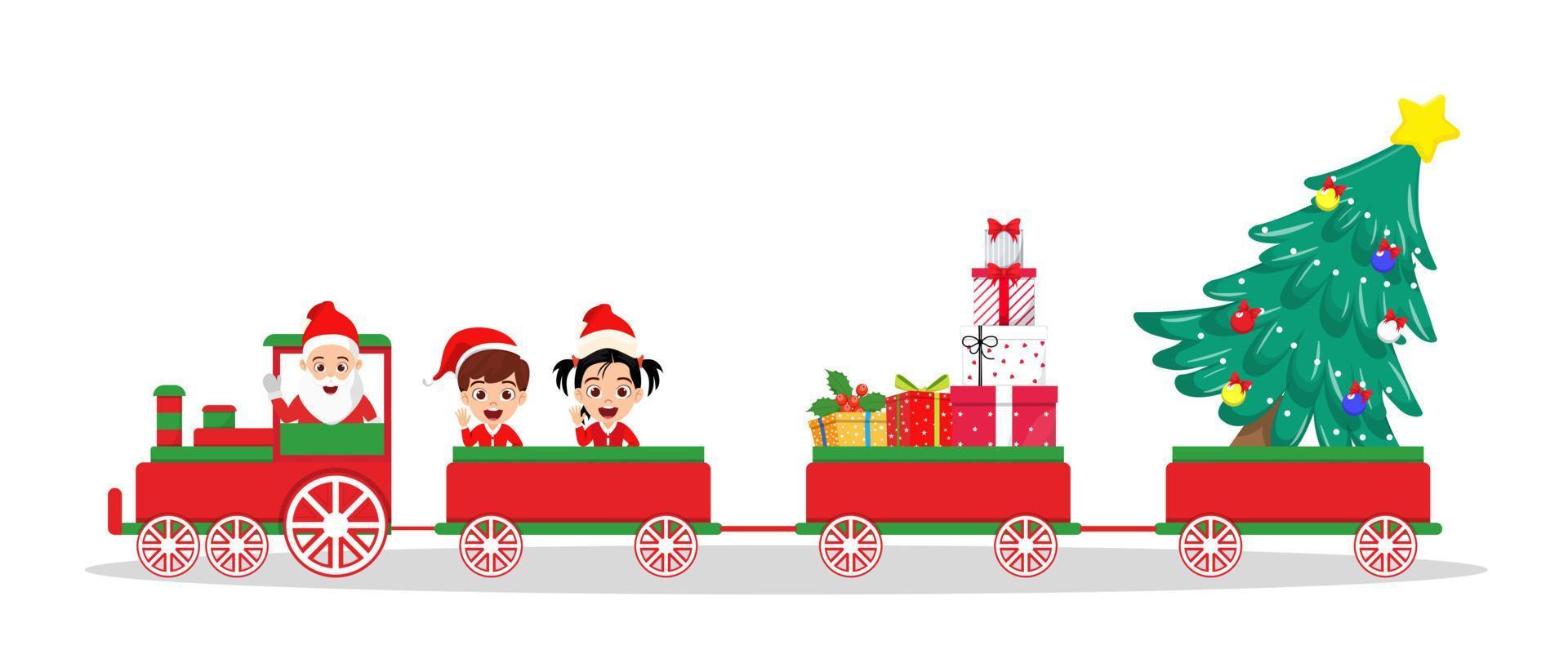 süßer schöner Weihnachtsmann-Charakter und Kinderjungen- und Mädchencharakter mit Weihnachtsoutfit und im Weihnachtszug mit Geschenkboxen vektor
