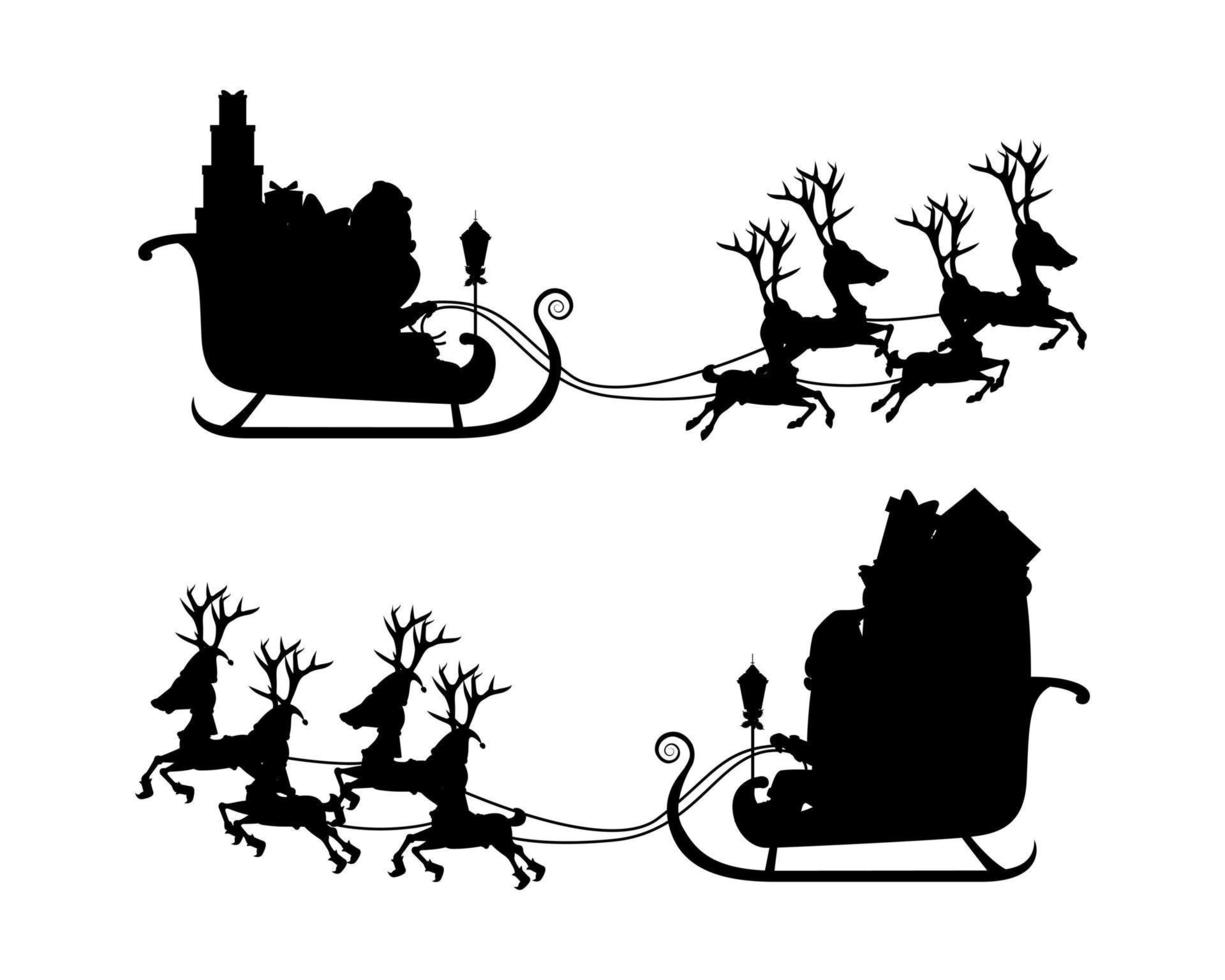 süßer schöner Weihnachtsmann voller Geschenkboxen Schlitten mit Rentier schwarz Silhouette vektor