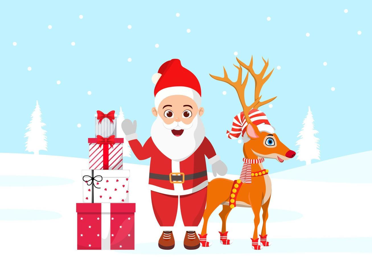 süßer schöner Weihnachtsmann-Charakter und Rentier, die auf einem Schneefeld stehen und ein Weihnachtsoutfit mit Geschenkboxen tragen vektor