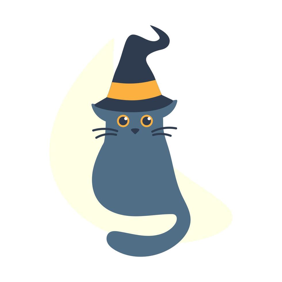Katze ist Sitzung im Hexe Hut. süß grau Kätzchen Magier. magisch katzenartig Tier. kawaii Charakter zum Halloween. Magie Ausrüstung. Schwanz und Schnurrbart. isoliert. eben Stil. Farbe Bild. Illustration vektor