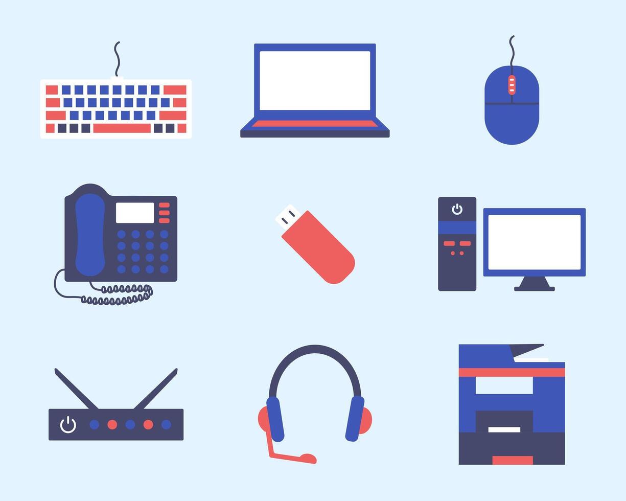 einstellen von farbig Symbole Büro Ausrüstung. Technologien. Tastatur und Maus. Laptop, Computer, Drucker. Router und Headset. USB blinken, Telefon. Kopfhörer. Scanner. es Unterstützung. Wohnung. Illustration vektor