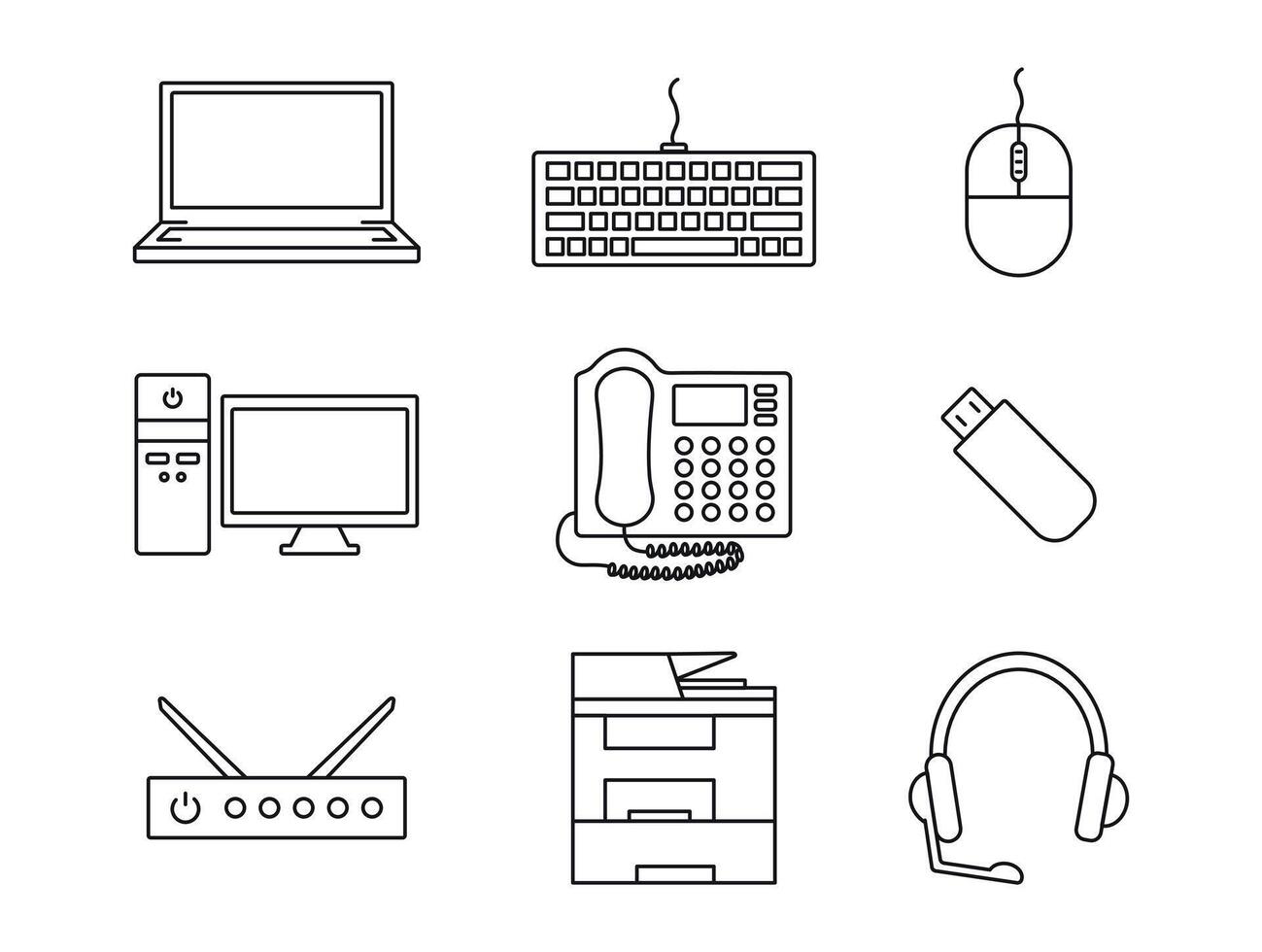 einstellen von Kontur Symbole von Technologie. Laptop, Computer. Sammlung Büro Ausrüstung - - mfp, Telefon, USB blinken. Klaviatur, Maus und Headset. Router und Telefonanlage. System Blöcke, Stk. Illustration vektor