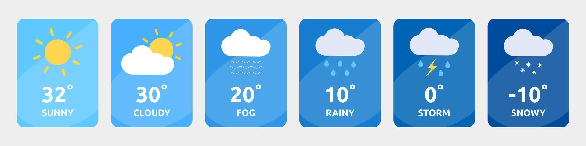 einstellen von Wetter Karten - - sonnig, wolkig, Nebel. regnerisch, stürmisch und schneebedeckt. Sonne, Wolken und Regentropfen. Blitz, Schneeflocken. Temperatur außen. Anwendung Schnittstelle. Englisch Wörter auf Klima. vektor