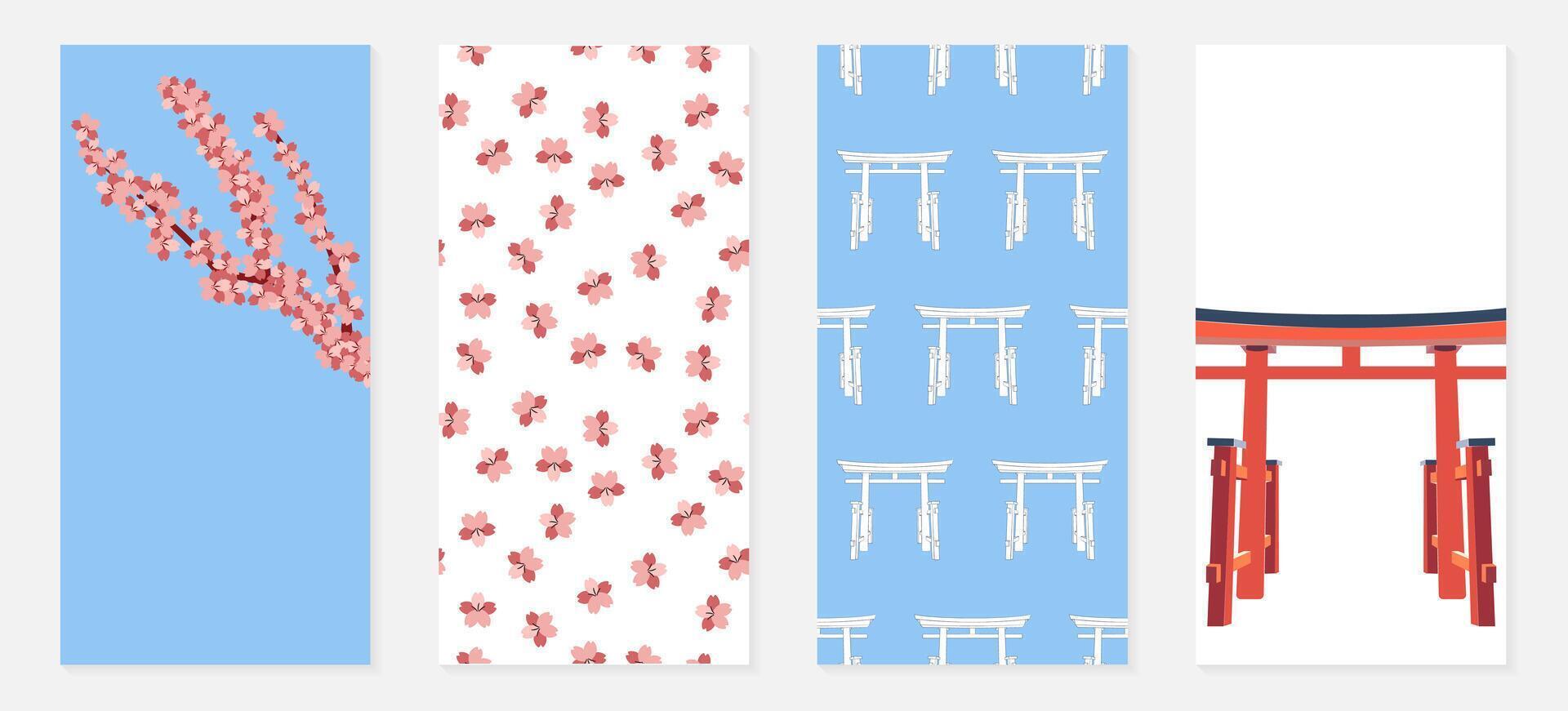 Japan Poster einstellen - - Sakura, torii Tor. Sammlung von Banner zum Sozial Netzwerke. Muster mit Rosa Blumen, botanisch Geäst. japanisch religiös Wahrzeichen. asiatisch Kultur. Farbe Illustration vektor