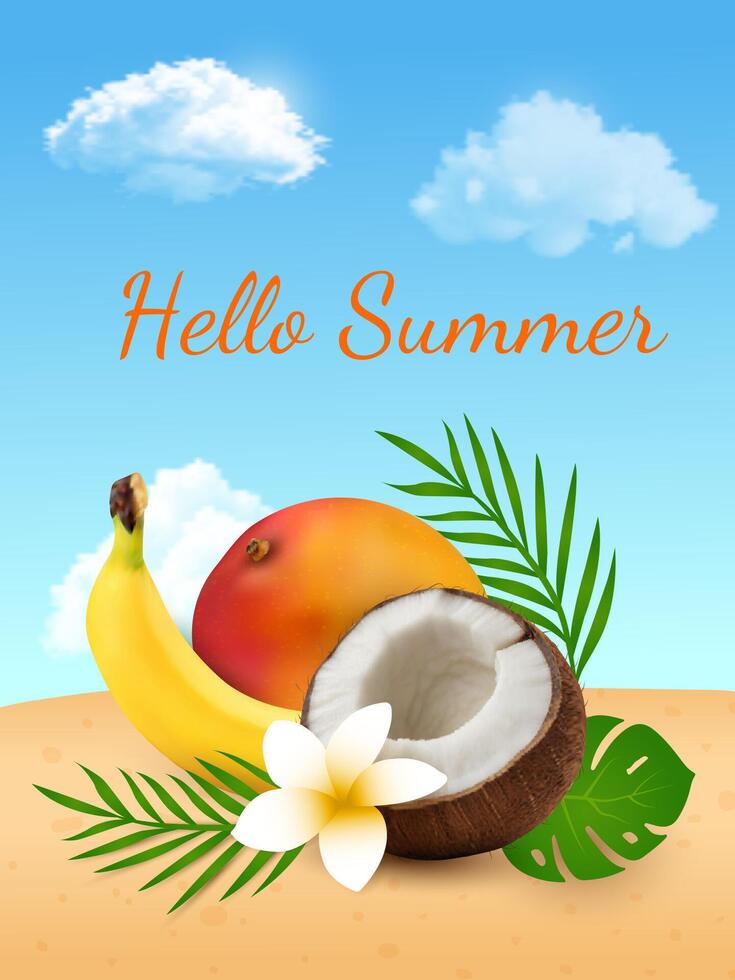 Sommer- hell Poster mit Strand und Früchte. Hallo Sommer- Poster vektor