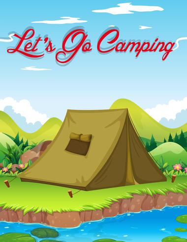 Campingplakat mit Zelt am Fluss vektor