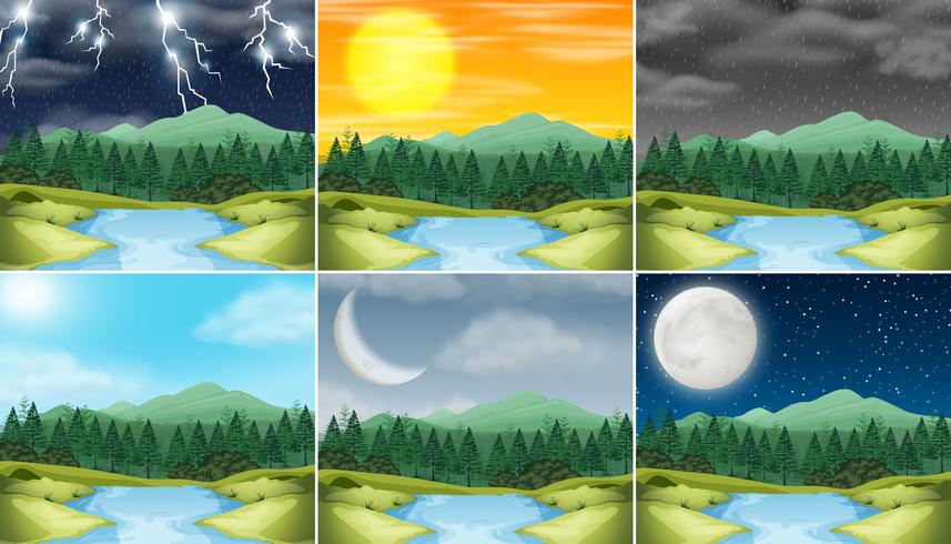 Ställ av natur landskap olika väder vektor