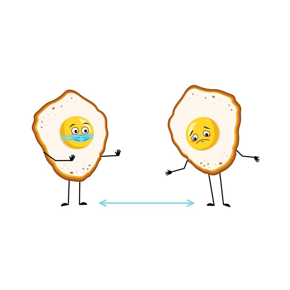 süßer Charakter Rührei mit Eigelb und Protein, mit traurigen Emotionen, Gesicht und Maske halten Abstand, Arme und Beine. lustiges Essen zum Frühstück mit Depressionsausdruck. flache Vektorgrafik vektor